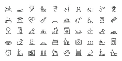 Collection of line art icons depicting various dog training activities and equipment
