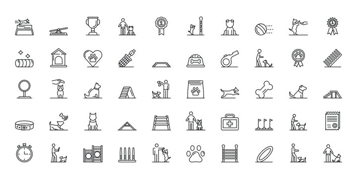 Collection of line art icons depicting various dog training activities and equipment