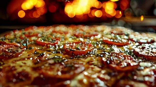 close up view of Appetizing hot pizza , popular American, italian food, fire burning in background