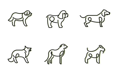 Six minimalist dog icons in two rows black outlines on a white background
