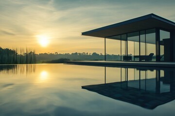 Modern house with glass walls reflecting in the water at sunset with trees in the background view
