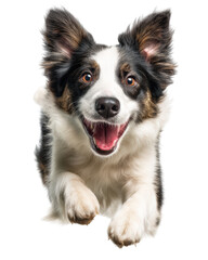 Happy and energetic Border Collie dog running with excitement, showcasing its playful nature and beautiful fur. This photorealistic portrait captures joy and liveliness of this beloved breed