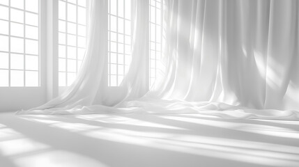Abstract white interior with large windows and flowing curtains reveals minimalist architecture