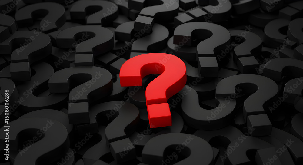 Poster vibrant red question mark amidst a sea of blurred black question marks symbolizing inquiry and probl