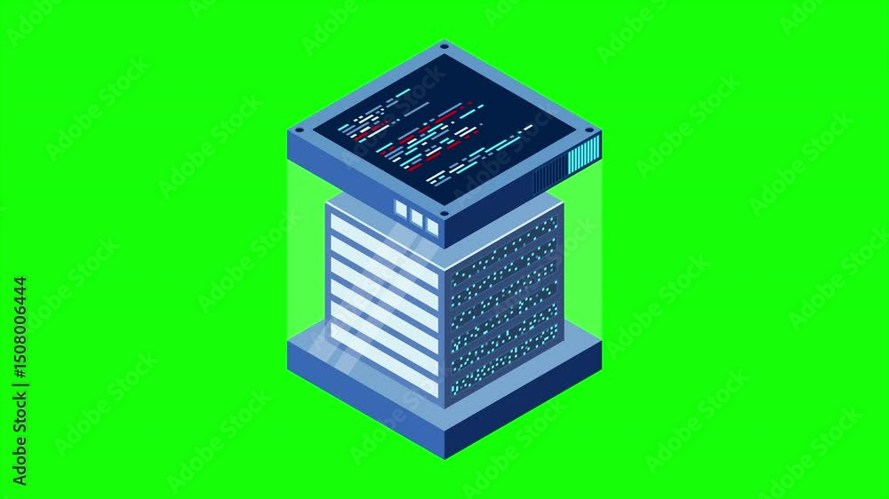 Poster Isometric futuristic server animation. Isometric database or data center. Abstract blockchain. Computer storage. Cloud storage. 4K video animated in isometric style