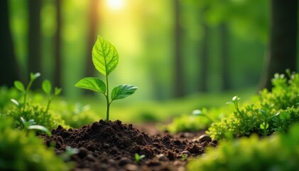 Springtime family tree planting, lush green forest, environmentally friendly, youngsters