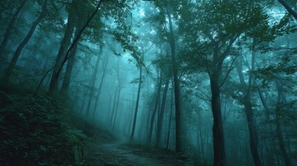 Fototapeta premium Ethereal Forest Path Misty Woods with a Sense of Mystery and Wonder