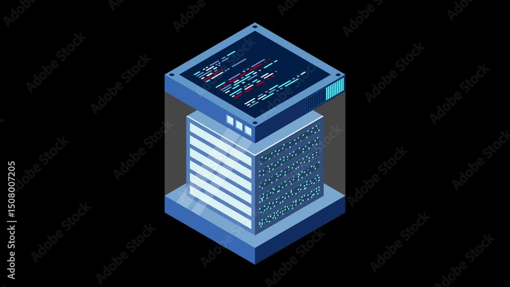 Poster Isometric futuristic server animation. Isometric database or data center. Abstract blockchain. Computer storage. Cloud storage. Transparent background with alpha channel