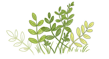 Hand drawn Sketch of Lush Green Foliage Botanical Illustration Nature Plant Leaves Herbal Design