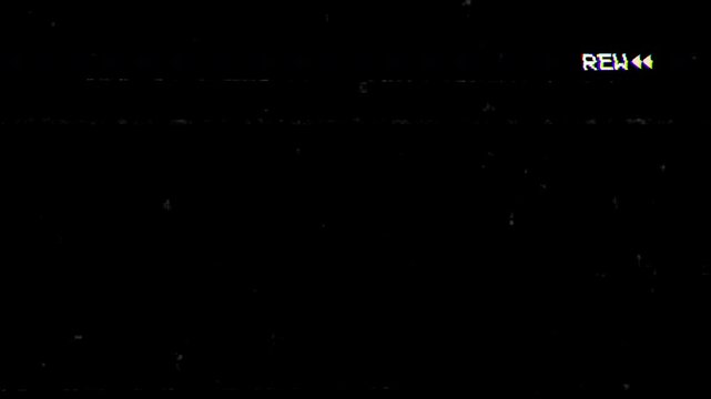 REW (rewind) Analog TV Old VHS Screen on black background. 4K Video