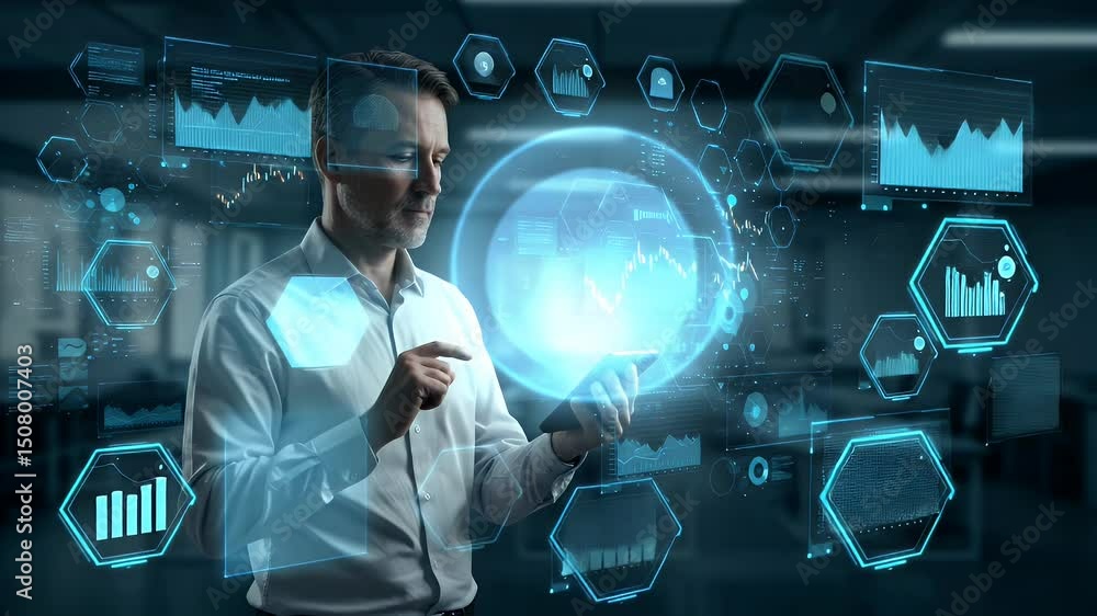 Poster businessman using a holographic mobile phone displaying data