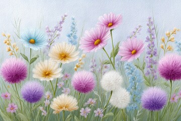 Fototapeta premium Pastel Flower Meadow Cosmos, Alliums and Delphiniums in Soft Light