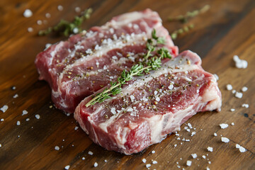 Obraz premium Grilled lamb chops with herbs and salt on a plate, against a wooden background
