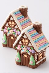 Fototapeta premium Pastel Gingerbread Houses with Illuminated Windows on White Background