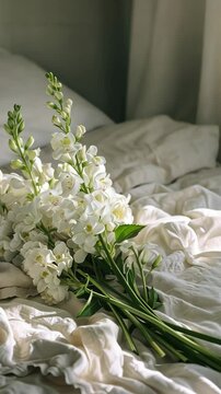 This video features a stunning bouquet of white matthiola flowers elegantly arranged and placed on a soft, inviting bed, creating a serene and delicate atmosphere in the room.