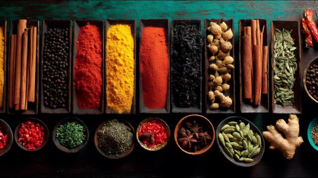 Overhead shot of colorful spices and herbs arranged in wooden containers and small bowls on dark surface, zoom in