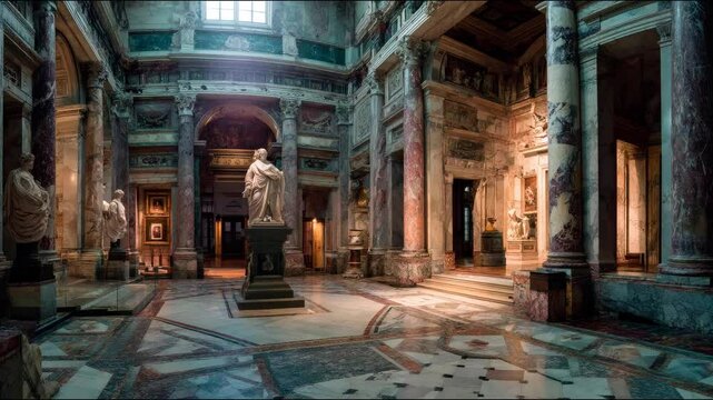 Interior view of a grand hall with marble columns statues and intricate floor patterns and artwork displayed, zoom in