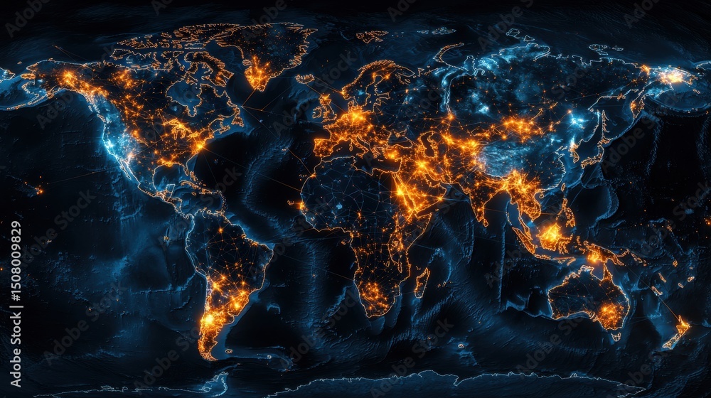 Poster a digital visualization of a worldwide network of interconnected glowing lines and lights across a d