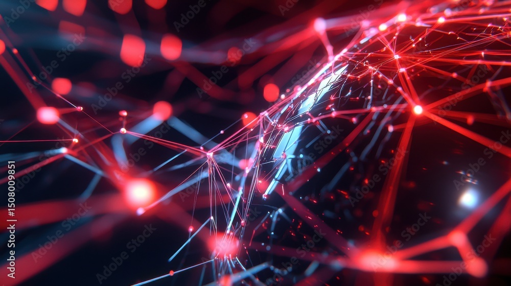 Poster a visually striking abstract image depicting a dynamic interconnected network of glowing data nodes 