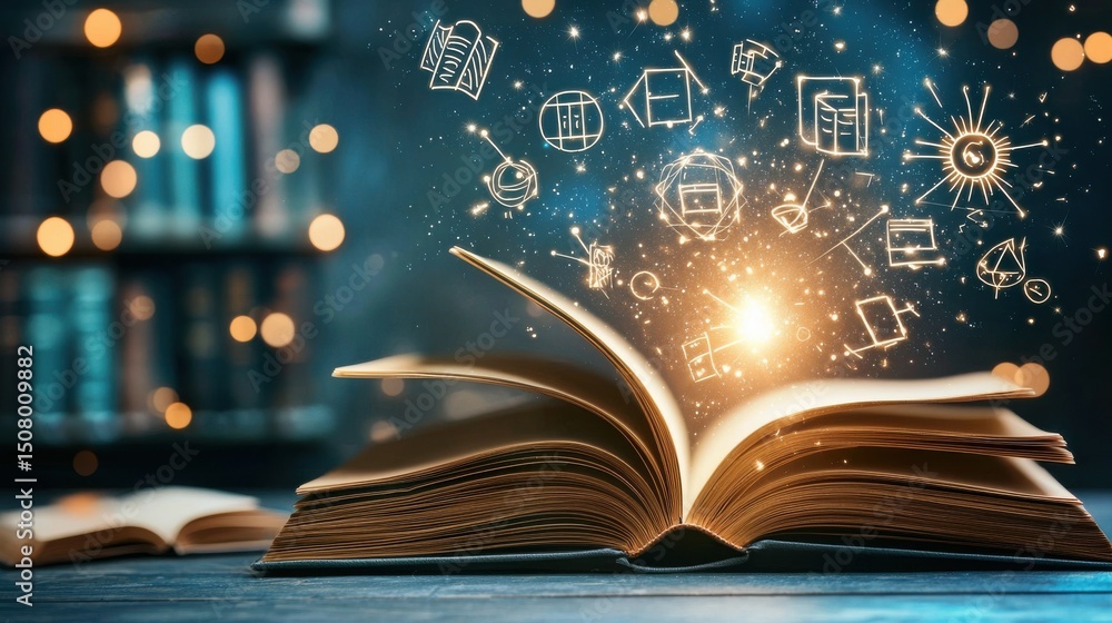 Poster an open book emitting a warm ethereal glow surrounded by a captivating abstract light display agains