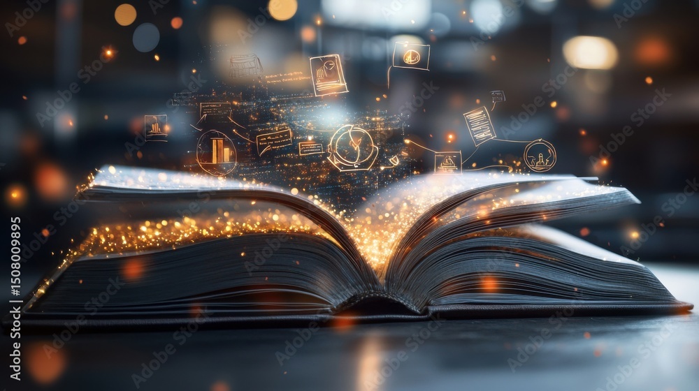 Poster mystic open book radiating with an otherworldly captivating glow sparking the imagination and beckon