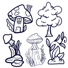 Doodle element mystical collection with magic mushrooms, floral elements. Celestial fungi set for coloring page or design element poster.
