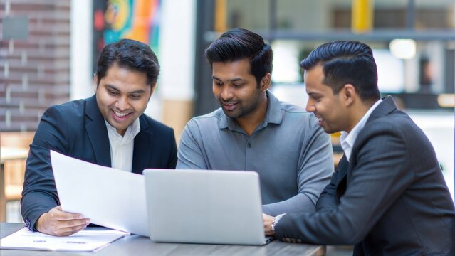 Smiling Indian Coworkers in Digital Workflow Discussion at Startup Environment
