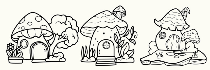 Doodle lineart Cartoon fantasy houses for fairies garden gnome houses, cute fairy tale dwarfs house. for coloring pages and tshirt kids element.