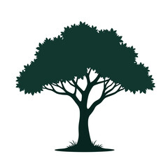 Silhouette of a Lush Green Tree with Spreading Branches and Grass at the Base, Vector Illustration