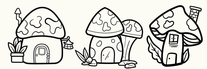 Doodle lineart Cartoon fantasy houses for fairies garden gnome houses, cute fairy tale dwarfs house. for coloring pages and tshirt kids element.