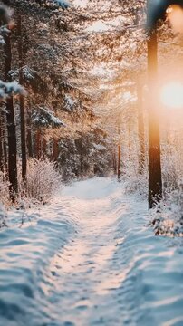 Serene winter pathway through snow-covered forest with warm sunlight filtering through trees