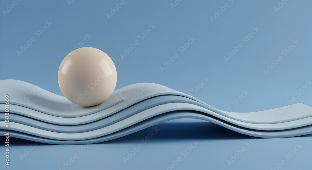 Aufkleber white sphere resting on undulating light blue planes in minimal abstract design on muted blue backgr
