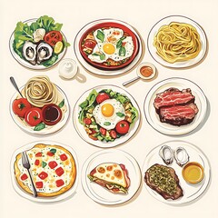 Various food dishes displayed on plates.