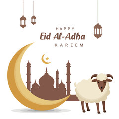 Eid Al-Adha Celebration: Mosque, Moon, and Sheep Illustration