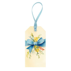 Hand-painted Floral Gift Tag with Blue Ribbon Elegant Watercolor Design for Presents