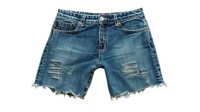 Casual denim shorts with fringed edges isolated on transparent background. PNG