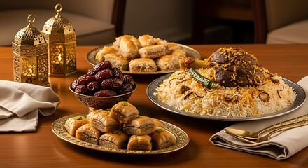 Islamic Holiday Feast with Lamb Biryani and Dessert Sweets