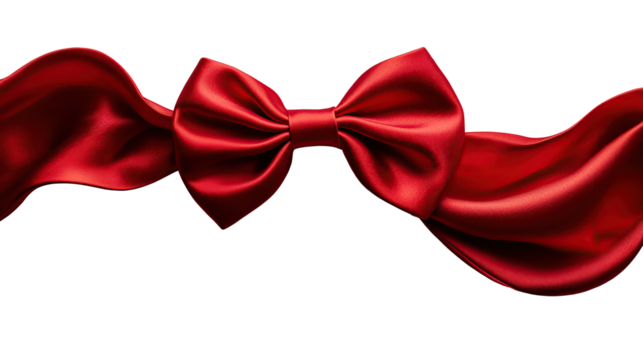 Red satin ribbon with bow tie isolated on transparent background. PNG