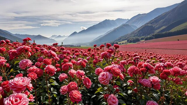 Vibrant pink rose garden in front of mountains under a cloudy sky  