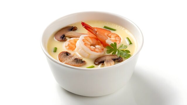 Steamed Egg Custard with Shrimp and Mushrooms in a White Bowl on White Background