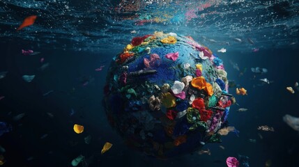Colorful Plastic Model Globe Underwater Showcasing Pollution Effects