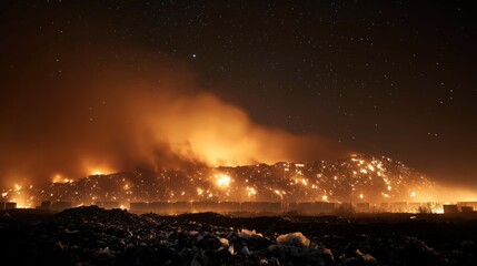 Burning Landfill Illuminated Against Dark Night Sky with Stars