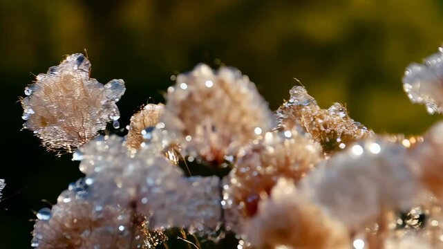 Closeup of a cluster of delicate goat's beard seed heads covered in dewdrops in a field