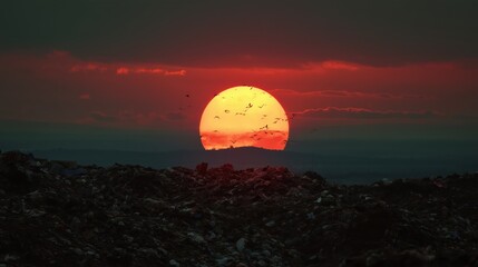 Vibrant Sunset Over a Landfill with Birds in the Sky Above