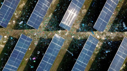 Dust-Covered Solar Panels in an Open Field from Above