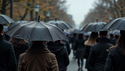 Somber group of people with black umbrellas walking in a procession on a cloudy autumn day