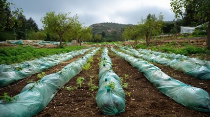 Crops Replaced by Rows of Plants Covered in Plastic on a Farm