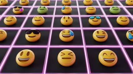 Grid of 3D emoji faces with various expressions on black background with pink neon lights