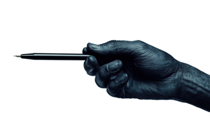 Black person's hand holding a pen to write, isolated on transparent background. PNG