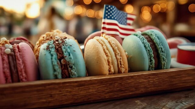 Colorful macarons in wooden box sweet pastry treats
